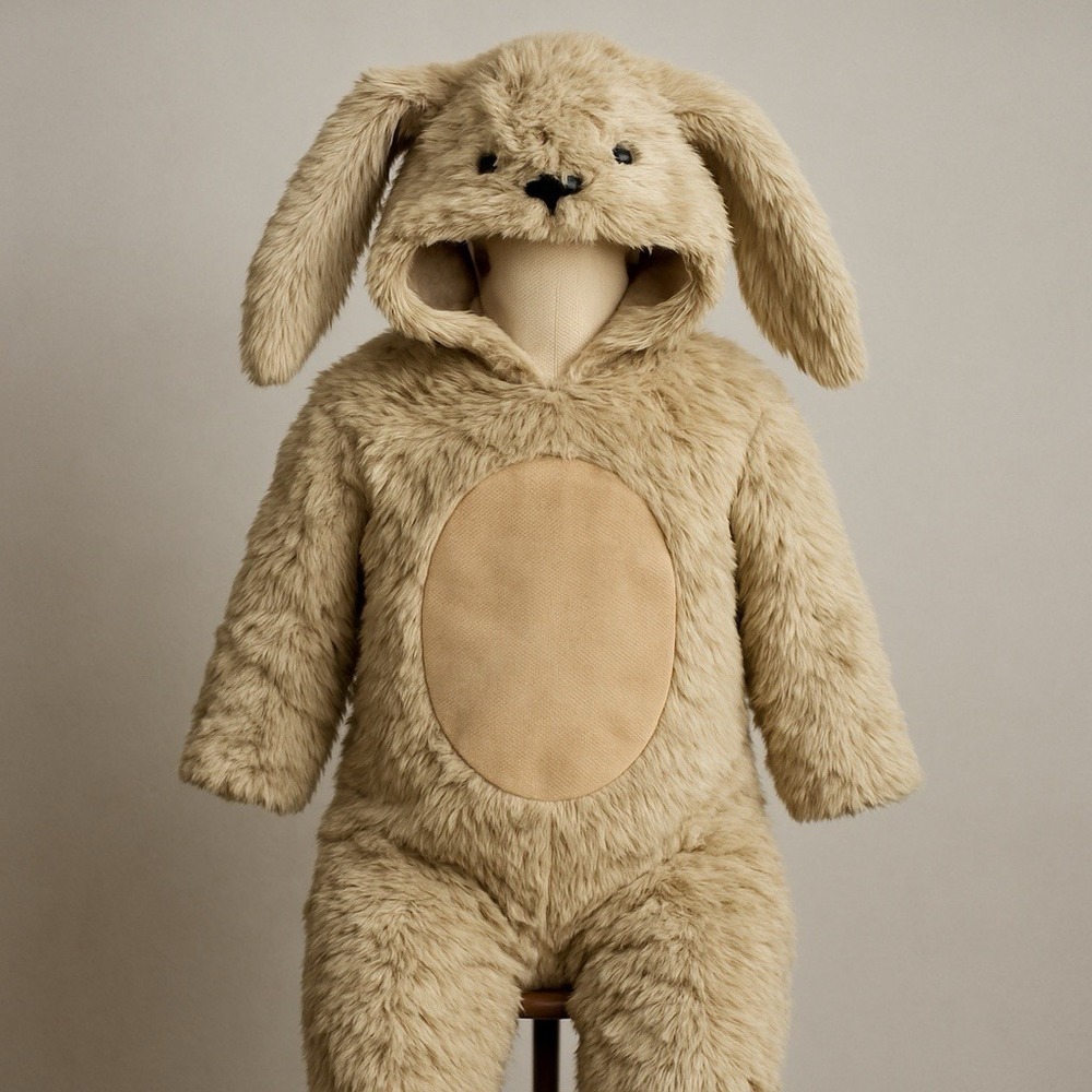 Pottery Barn Kids Puppy Dog Costume‎ Beige Furry Hooded One Piece 6-12 Months